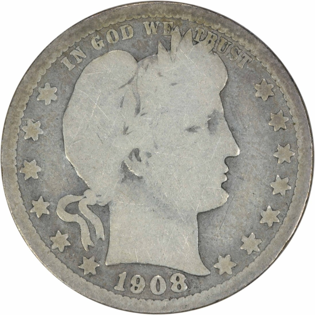 1908-S Barber Quarter 25C Silver Uncertified Circulated: 1908-S Barber Quarter 25C Silver Uncertified Circulated This 1908-S Barber Silver Quarter is a notable example of American coinage. Designed by Charles E. Barber, this quarter was minted in San Franci