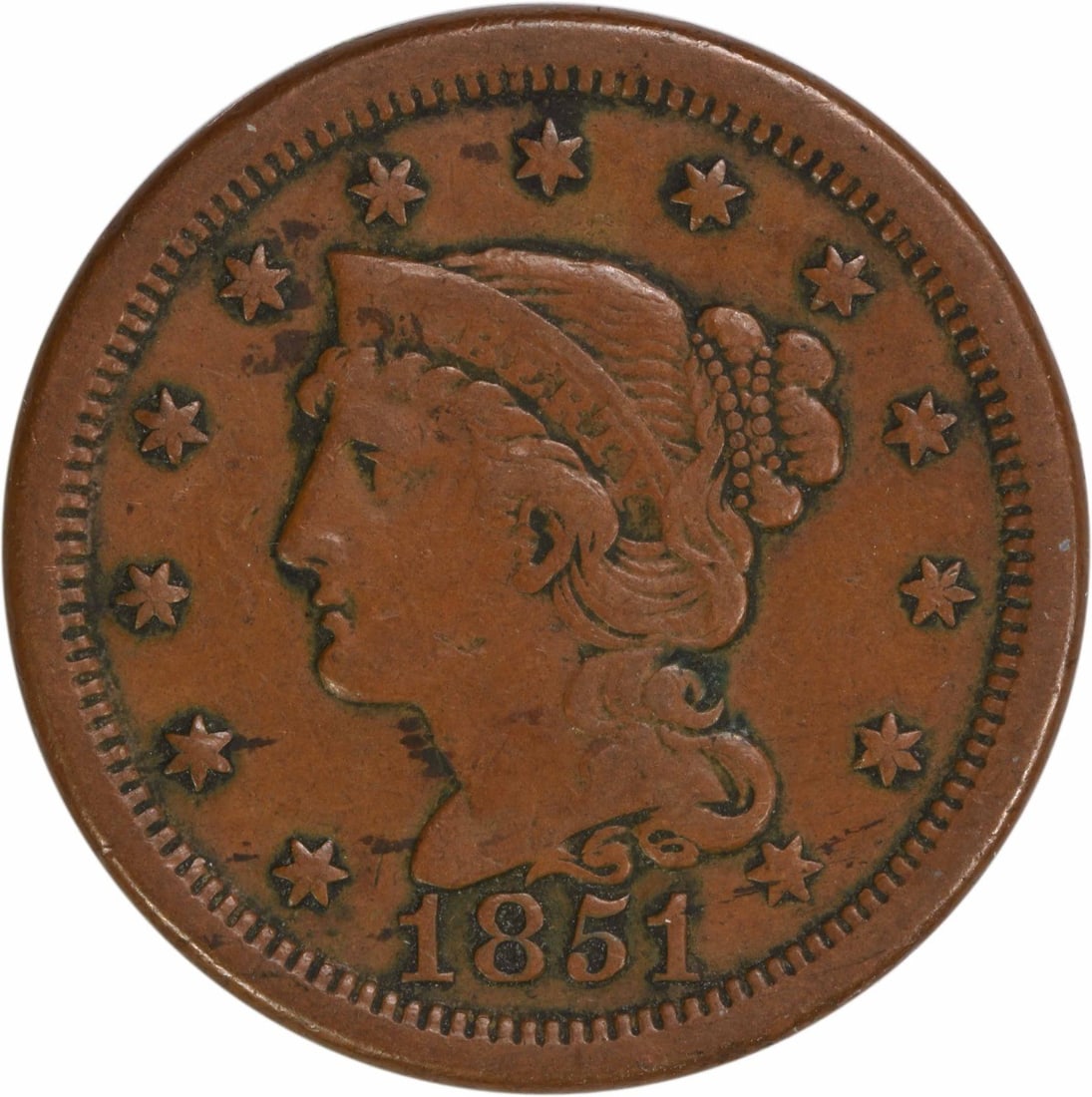 1851 Braided Hair Large Cent Copper Coin EF Uncertified: 1851 Braided Hair Large Cent Copper Coin EF Uncertified This 1851 Large Cent is a beautiful example of the Braided Hair design, featuring the work of renowned designer Christian Gobrecht. Minted in Ph