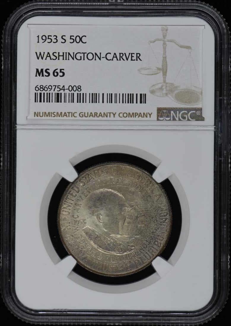 1953-S Washington-Carver Silver Half Dollar NGC MS65 San Francisco Mint: 1953-S Washington-Carver Silver Half Dollar NGC MS65 San Francisco Mint This is a 1953-S Washington-Carver silver commemorative half dollar, certified by NGC as MS65. The coin was struck at the San Fr