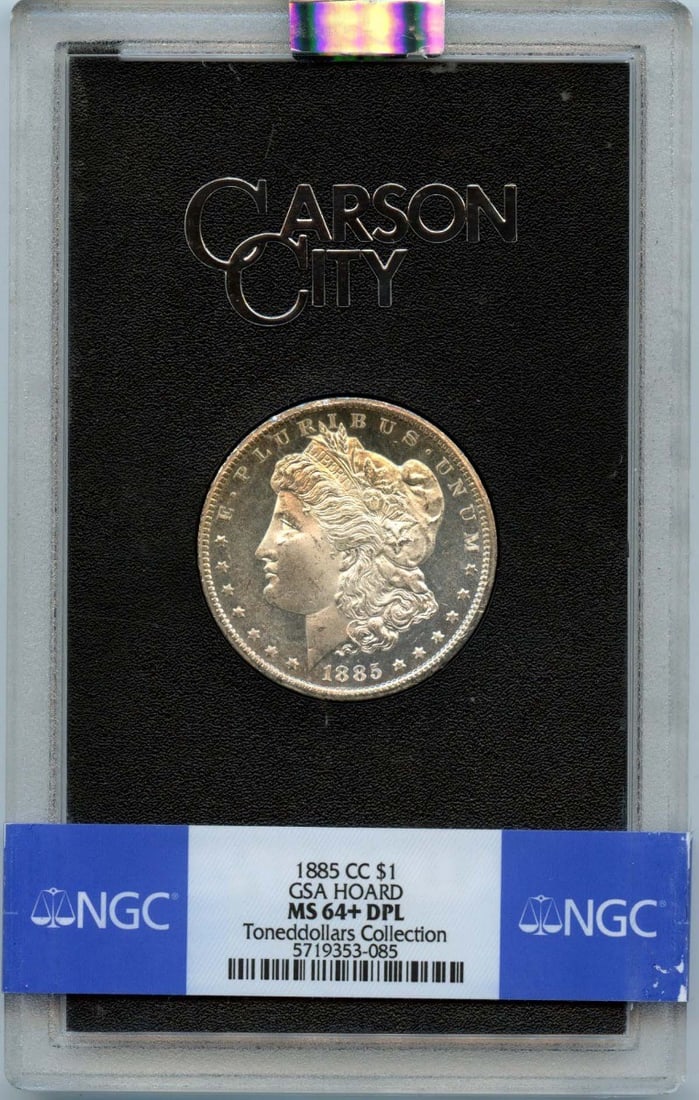 NGC MS64+DMPL Carson City 1885 Morgan Dollar from GSA Hoard: NGC MS64+DMPL Carson City 1885 Morgan Dollar from GSA Hoard This is an un-used 1885-CC Morgan Dollar from the GSA Hoard, certified by NGC with a grade of MS64+ DMPL. Minted in Carson City, this coin r