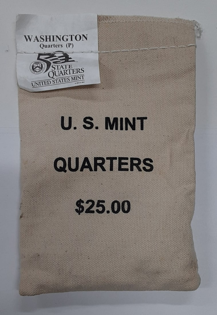 2007 Philadelphia State Quarters Mint Bag of 100 Uncirculated Washington Coins: 2007 Philadelphia State Quarters Mint Bag of 100 Uncirculated Washington Coins This is an original U.S. Mint sewn bag containing 100 uncirculated 2007-P Washington Statehood quarters. The quarters are