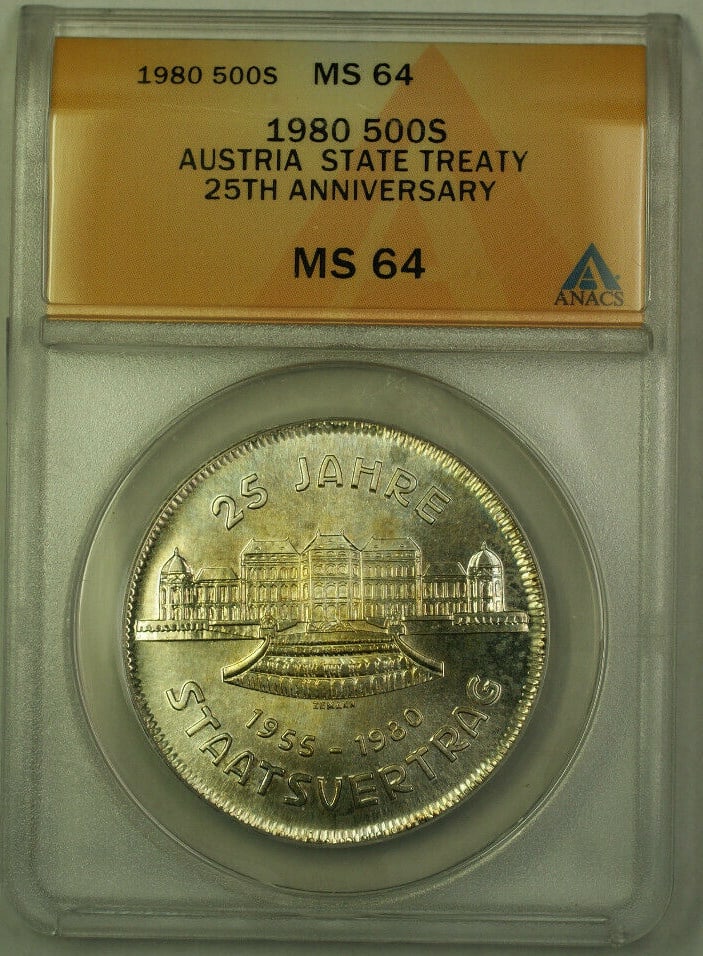Austria 1980 500 Schilling Silver Coin ANACS MS-64 State Treaty Anniversary: Austria 1980 500 Schilling Silver Coin ANACS MS-64 State Treaty Anniversary This 1980 Austria 500 Schilling silver coin commemorates the 25th anniversary of the State Treaty. Certified by ANACS with a