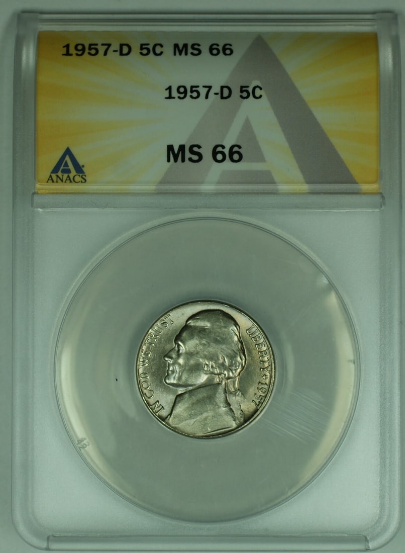 ANACS MS 66 1957-D Jefferson Nickel Five Cent Uncirculated Coin: ANACS MS 66 1957-D Jefferson Nickel Five Cent Uncirculated Coin This 1957-D Jefferson Nickel is a 5-cent coin from the United States. It is uncirculated and certified by ANACS with a grade of MS 66. T