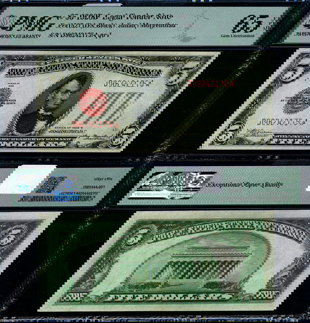 $5 1928-B Legal Tender Note PMG CU65 EPQ Gem Gem Quality (1 of 3)