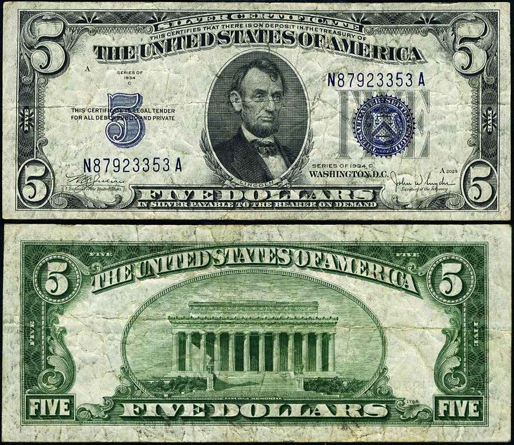 1934-C $5 Silver Certificate FR. 1653 Narrow Face Non-Mule VF (1 of 3)