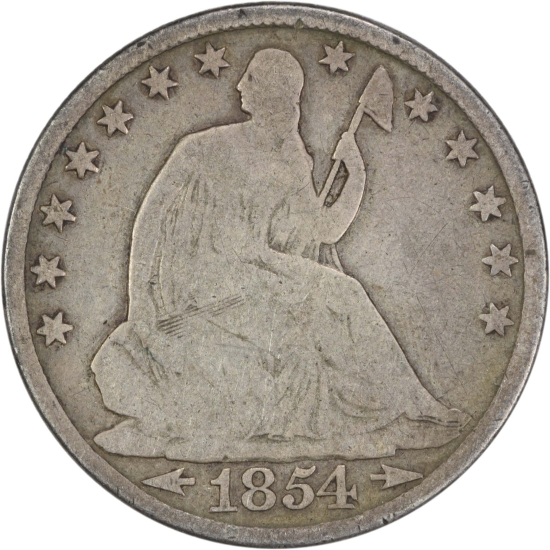 1854-O Liberty Seated Half Dollar 50C Uncertified Silver Coin: 1854-O Liberty Seated Half Dollar 50C Uncertified Silver Coin This 1854-O Liberty Seated Half Dollar features the classic design by Thomas Sully and Christian Gobrecht. Struck at the New Orleans Mint,