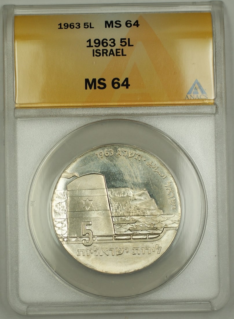 ANACS MS 64 1963 Israel Silver 5 Lirot Uncirculated Coin: ANACS MS 64 1963 Israel Silver 5 Lirot Uncirculated Coin This is a 1963 Israel 5 Lirot silver coin graded MS-64 by ANACS. The coin is in uncirculated condition and originates from Israel. Specificatio