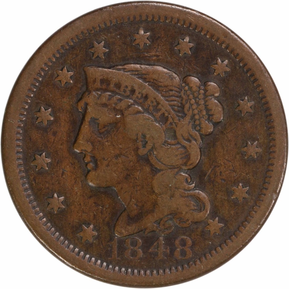 1848 Braided Hair Large Cent VF Uncertified Copper Coin (1 of 2)