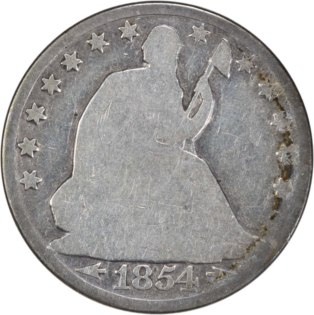 1854-O Liberty Seated Half Dollar 50C New Orleans Uncertified: 1854-O Liberty Seated Half Dollar 50C New Orleans Uncertified This 1854-O Liberty Seated Half Dollar features the iconic design by Thomas Sully and Christian Gobrecht, showcasing the rich history of U