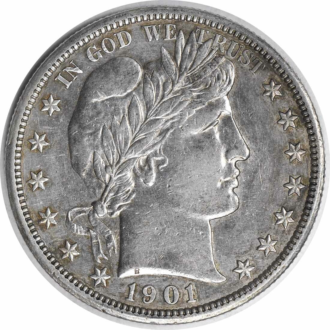 1901-S Barber Half Dollar AU Uncertified 50C Silver Coin: 1901-S Barber Half Dollar AU Uncertified 50C Silver Coin This 1901-S Barber Silver Half Dollar showcases the artistry of designer Charles E. Barber. Struck in 90% silver and 10% copper, this coin is c