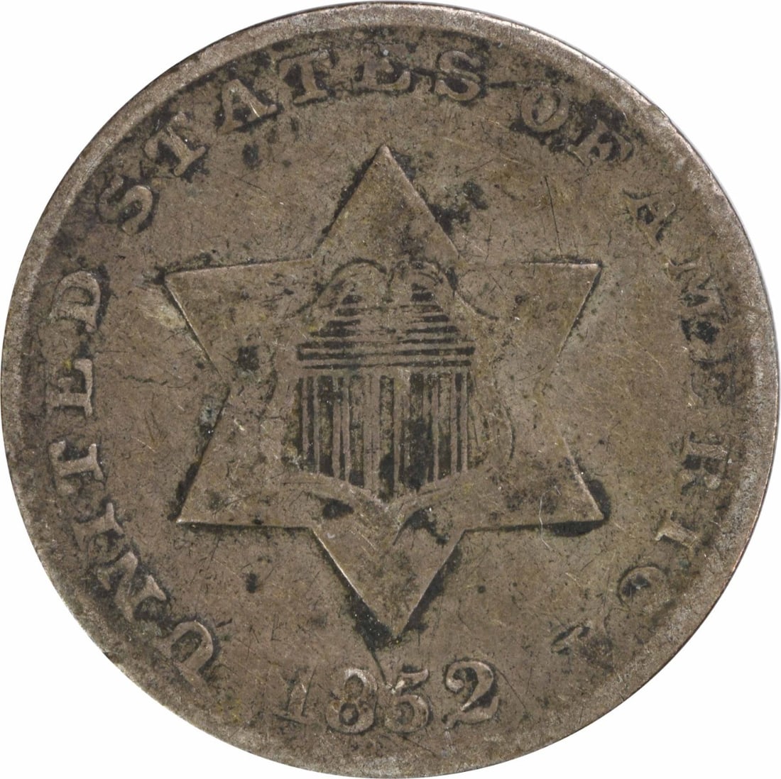 1852 Three Cent Silver Coin KM 75 Circulated Uncertified: 1852 Three Cent Silver Coin KM 75 Circulated Uncertified This 1852 Three Cent Silver coin, minted in Philadelphia, is an impressive piece of American history. It features a composition of 75% silver a