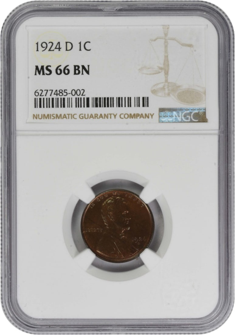 NGC MS66 Brown 1924-D Lincoln Wheat Copper Cent United States: NGC MS66 Brown 1924-D Lincoln Wheat Copper Cent United States This 1924-D Lincoln Wheat Cent is graded MS66BN by NGC. Featuring a copper composition, this small cent was minted in Denver and is a nota