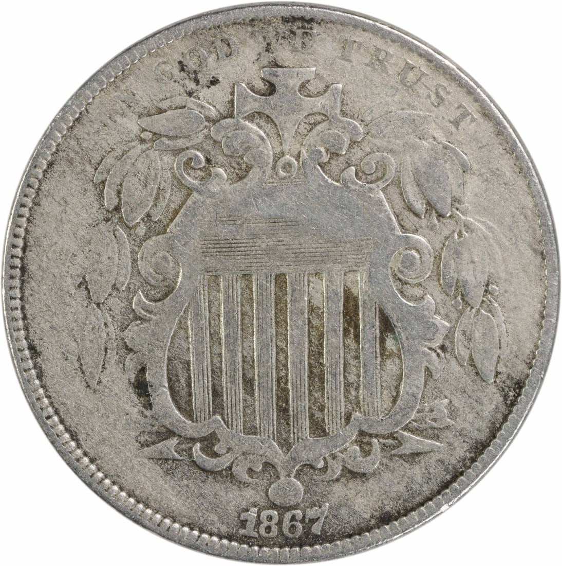 1867 Shield Nickel No Rays VF Uncertified 5C Coin (1 of 2)