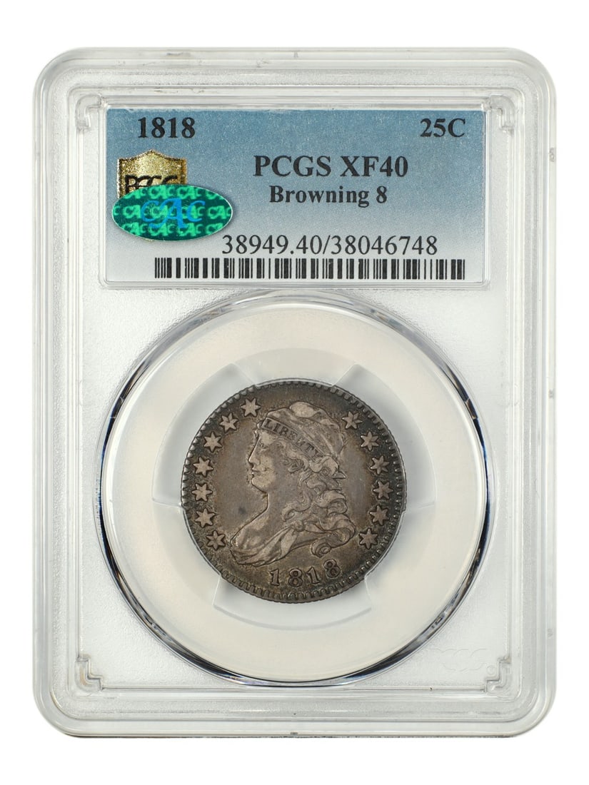 PCGS CAC XF40 1818 Browning-8 Capped Bust Quarter Dollar: PCGS CAC XF40 1818 Browning-8 Capped Bust Quarter Dollar This 1818 Capped Bust Quarter is graded XF40 by PCGS and features CAC approval. The coin is circulated and displays original, crusty toning wit