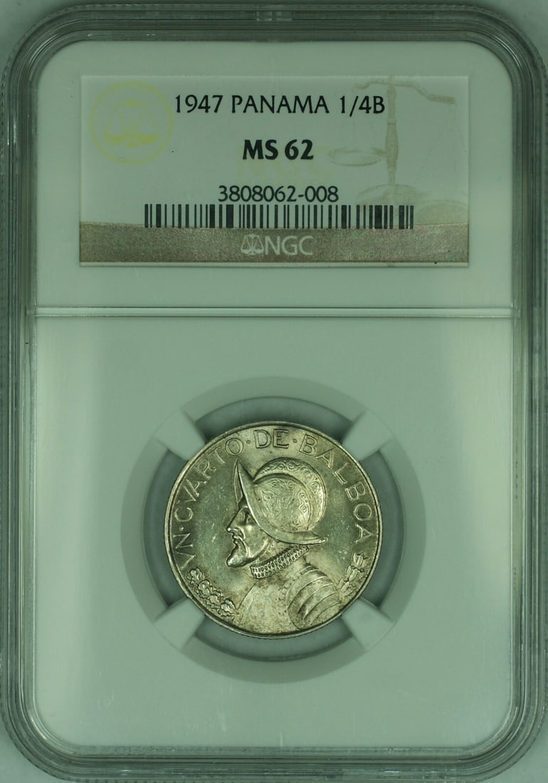 NGC MS 62 1947 Panama Quarter Balboa Silver Coin: NGC MS 62 1947 Panama Quarter Balboa Silver Coin This 1947 Panama 1/4 Balboa coin is composed of silver and has been certified by NGC with a grade of MS-62. The coin is uncirculated and features a fin
