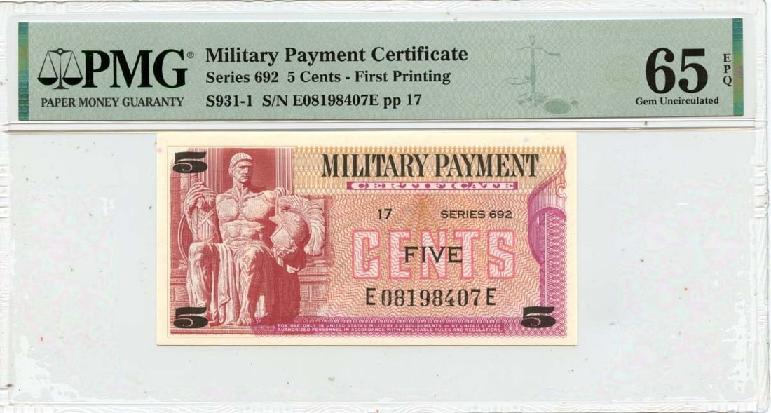 Military Payment Certificate Series 692 Five Cent PMG 65 EPQ (1 of 2)