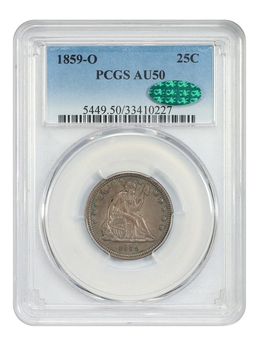 PCGS CAC AU50 1859-O Liberty Seated Quarter Dollar Coin (1 of 4)