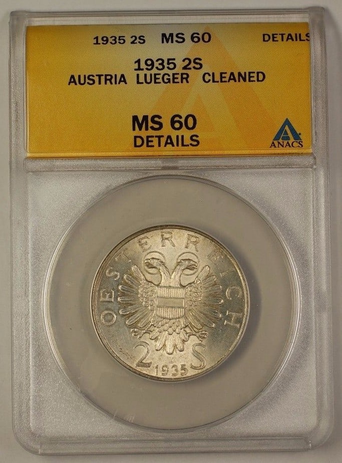1935 Austria 2 Schillings Silver Coin ANACS MS-60 Details Dr Karl Lueger: 1935 Austria 2 Schillings Silver Coin ANACS MS-60 Details Dr Karl Lueger This is a 1935 Austria 2 Schillings silver coin featuring Dr. Karl Lueger. The coin has been graded MS-60 Details by ANACS, ind