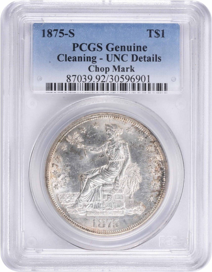 1875-S Trade Silver Dollar PCGS Genuine 90% Silver 1 Chop Mark: 1875-S Trade Silver Dollar PCGS Genuine 90% Silver 1 Chop Mark This 1875-S Trade Silver Dollar is a remarkable piece for collectors, certified by PCGS with Genuine grade and noted for its cleaned cond