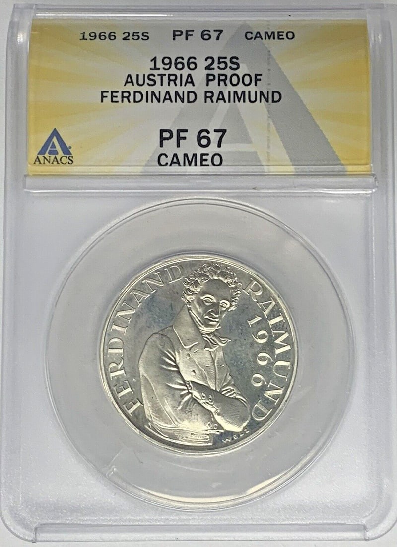 ANACS PR 67 1966 Silver Austria Proof 25 Shilling Coin Cameo: ANACS PR 67 1966 Silver Austria Proof 25 Shilling Coin Cameo This 1966 Austria 25 Shilling coin is a proof strike graded PR 67 Cameo by ANACS. Crafted from silver, the coin remains in uncirculated con