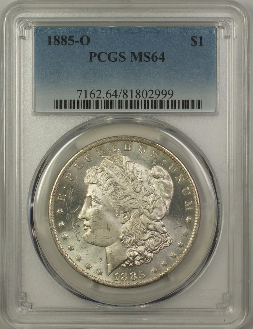 PCGS MS64 1885-O Morgan Dollar Semi Prooflike Silver Coin New Orleans Mint: PCGS MS64 1885-O Morgan Dollar Semi Prooflike Silver Coin New Orleans Mint This 1885-O Morgan Silver Dollar is a $1 coin from the United States, minted in New Orleans. Certified by PCGS with a grade o