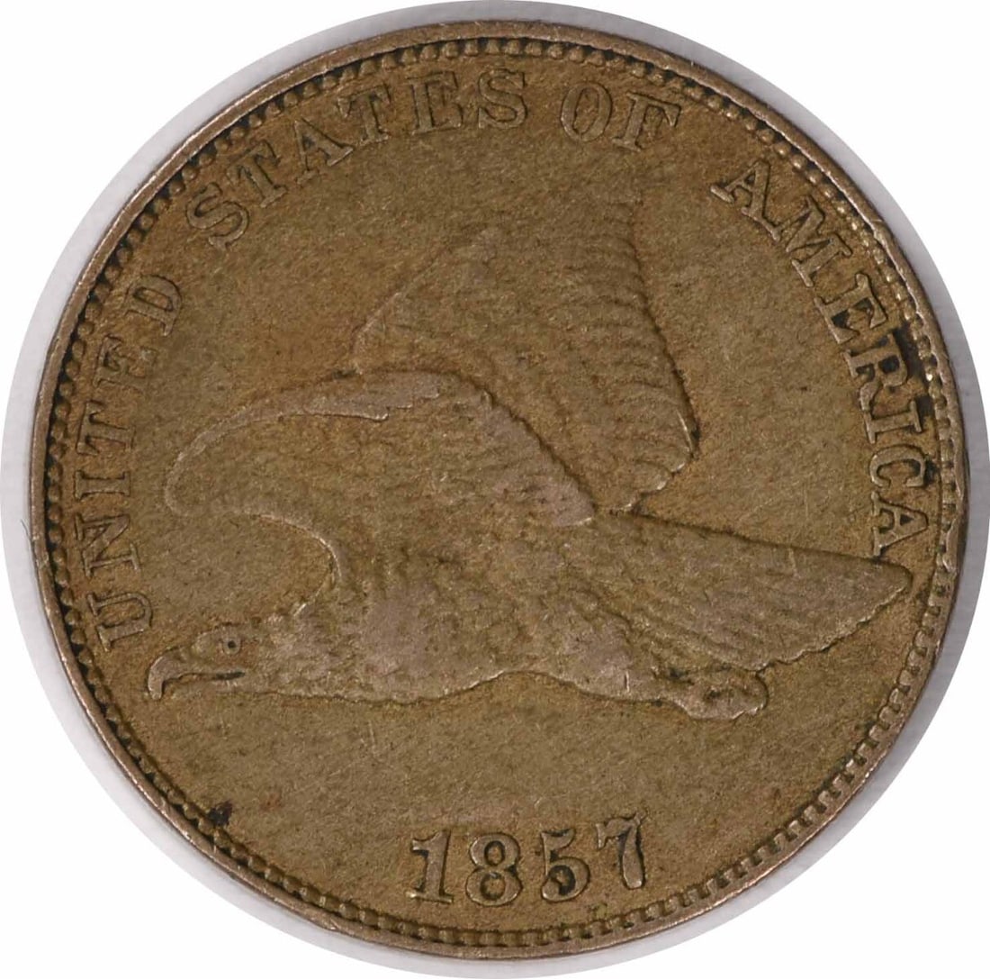 1857 Flying Eagle Cent XF Uncertified Copper Nickel Coin: 1857 Flying Eagle Cent XF Uncertified Copper Nickel Coin This 1857 Flying Eagle Cent is a notable piece in American numismatics, featuring a design by James Barton Longacre. Struck at the Philadelphia