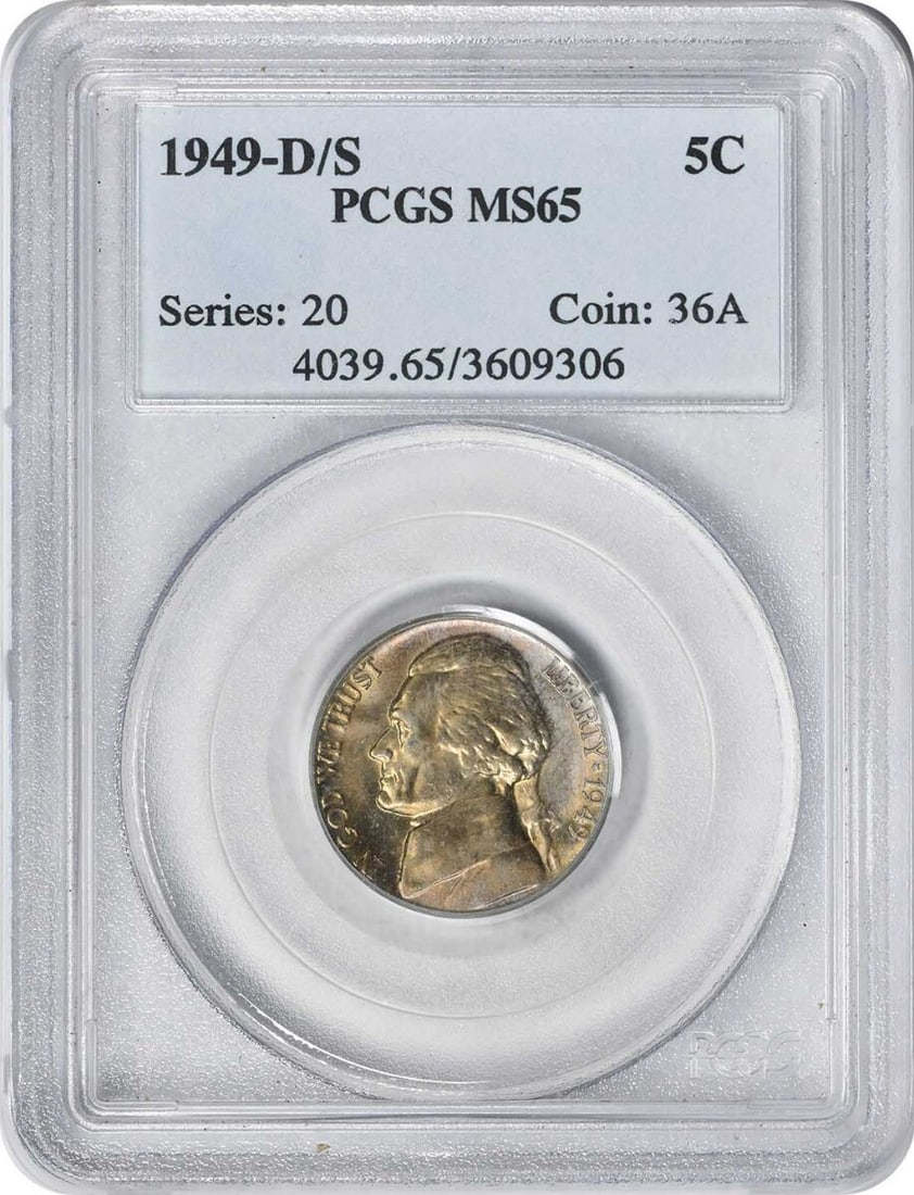 1949-D/S Jefferson Nickel MS65 PCGS Uncirculated Copper Nickel Coin: 1949-D/S Jefferson Nickel MS65 PCGS Uncirculated Copper Nickel Coin This 1949-D/S Jefferson Nickel is a remarkable collector's piece, graded MS65 by PCGS, signifying its uncirculated condition. Minted