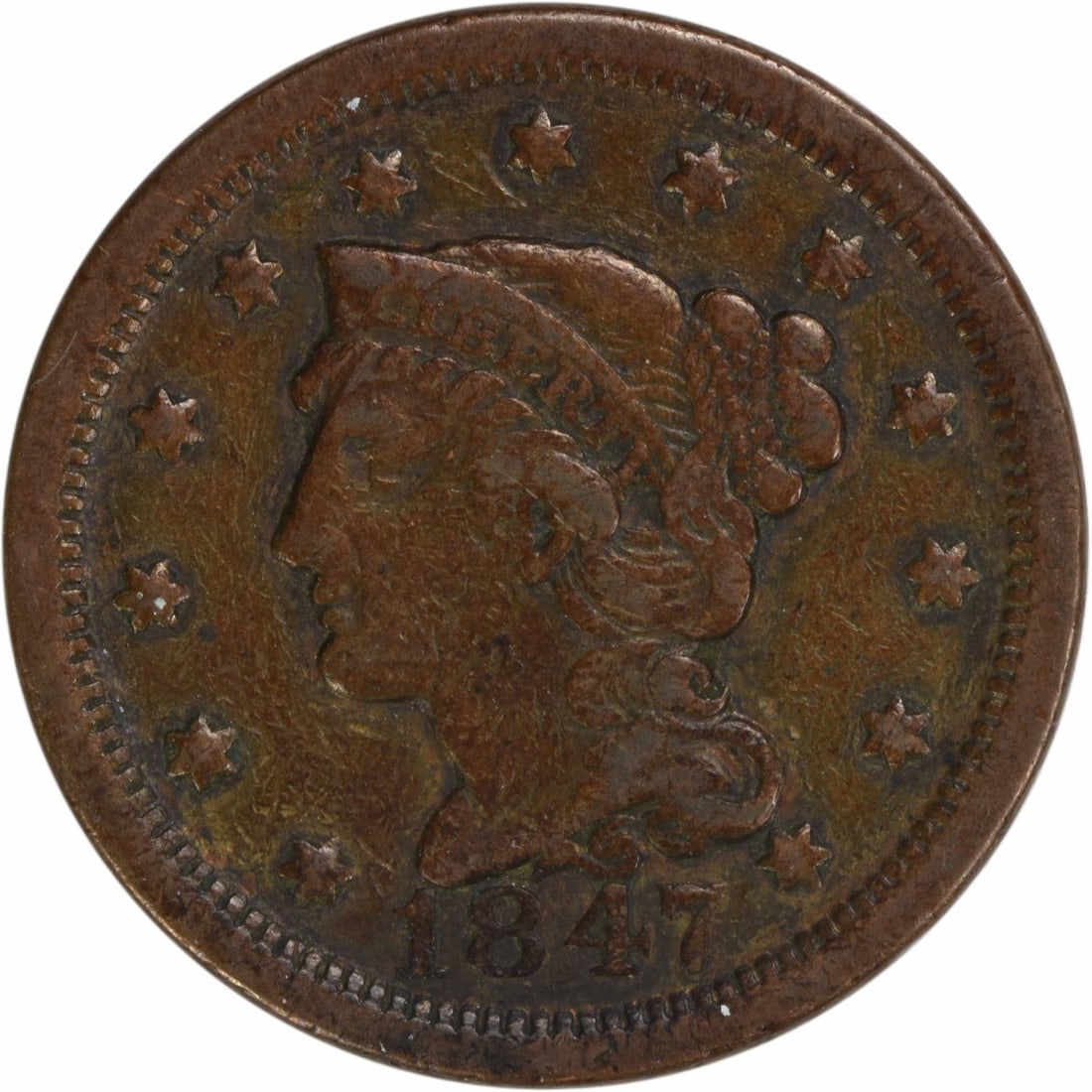 1847 Large Cent Braided Hair VF Copper Coin Uncertified: 1847 Large Cent Braided Hair VF Copper Coin Uncertified This 1847 Large Cent features the iconic Braided Hair design by Christian Gobrecht. Certified as uncirculated and produced at the Philadelphia m
