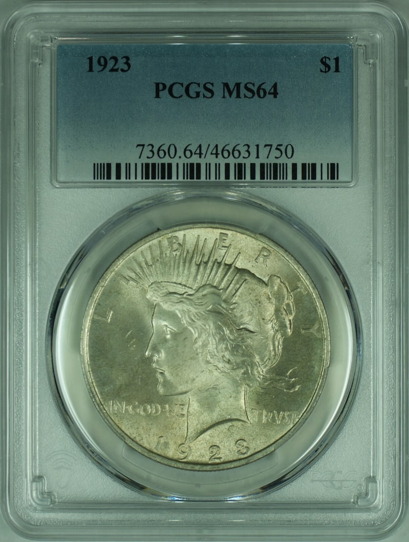 PCGS MS 64 1923 Peace Dollar Silver Coin Philadelphia Mint: PCGS MS 64 1923 Peace Dollar Silver Coin Philadelphia Mint This 1923 Peace Silver Dollar is an uncirculated $1 coin from the United States, minted in Philadelphia. Composed of silver with a fineness o