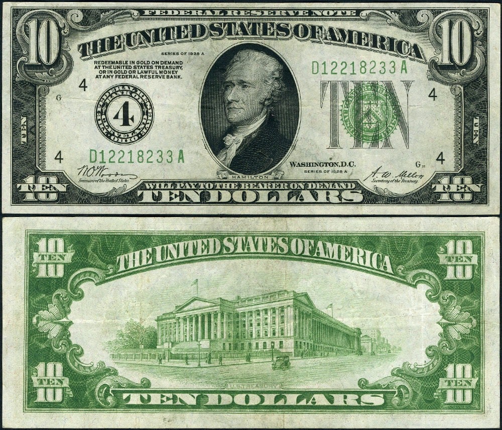 1928-A $10 Federal Reserve Note Cleveland D-A Block Circulated (1 of 3)