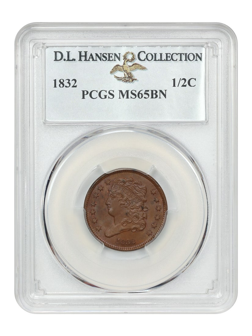 1832 Classic Head Half Cent 1/2C PCGS MS65BN D.L. Hansen: 1832 Classic Head Half Cent 1/2C PCGS MS65BN D.L. Hansen This 1832 1/2C Classic Head Half Cent is certified by PCGS with a grade of MS65BN, indicating it is uncirculated and exhibits soft luster. The