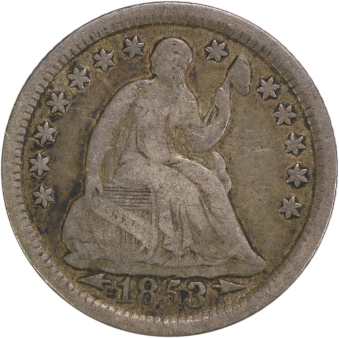 1853 Liberty Seated Silver Half Dime F Uncertified Christian Gobrecht Design: 1853 Liberty Seated Silver Half Dime F Uncertified Christian Gobrecht Design This 1853 Liberty Seated Silver Half Dime features a classic seated design by Christian Gobrecht. It was minted in Philadel