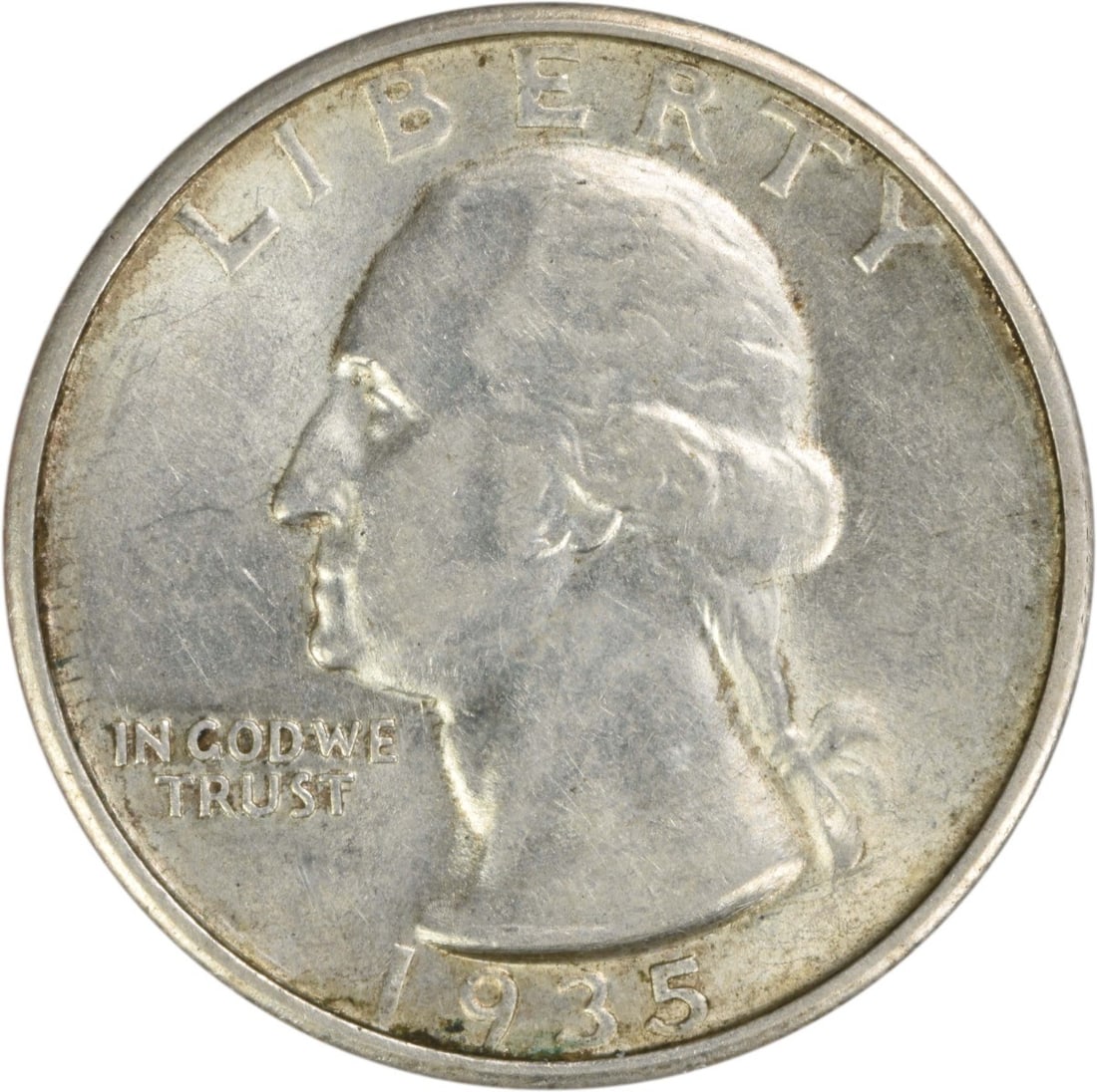 San Francisco 1935 Silver Washington Quarter 25C AU Grade Uncertified: San Francisco 1935 Silver Washington Quarter 25C AU Grade Uncertified This 1935-S Washington Quarter is composed of 90% silver and 10% copper. Minted in San Francisco, it features the design by John F