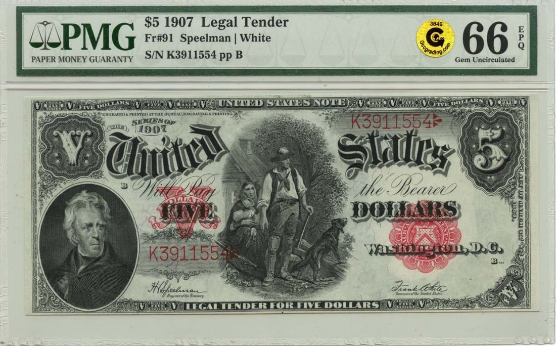 PMG MS66 EPQ 1907 Five Dollar Legal Tender Note Fr#91 Uncirculated: PMG MS66 EPQ 1907 Five Dollar Legal Tender Note Fr#91 Uncirculated This 1907 $5 Legal Tender Note (Fr#91) is a stunning example of American currency, certified by PMG with a Gem 66 EPQ grade. It showc