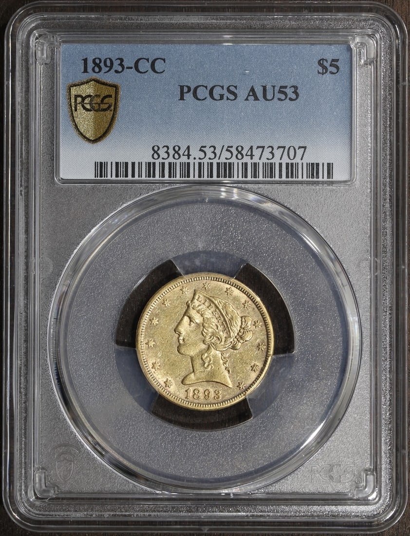 1893 Carson City $5 Liberty Gold Half Eagle PCGS AU53: 1893 Carson City $5 Liberty Gold Half Eagle PCGS AU53 This 1893-CC Liberty Head Gold Half Eagle is a $5 coin minted in Carson City. Certified by PCGS with a grade of AU 53, it is composed of gold with