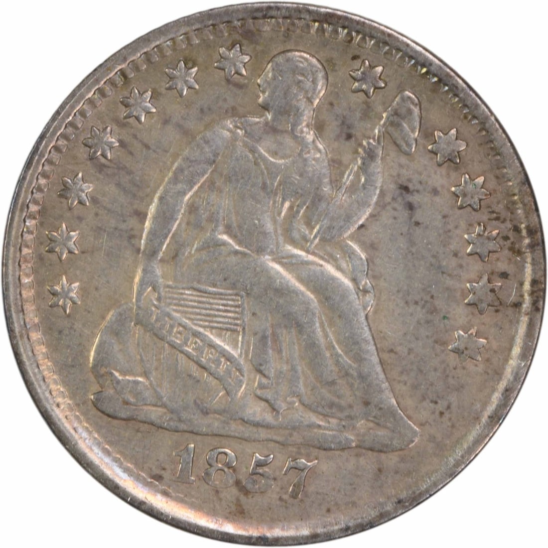 1857 Liberty Seated Half Dime EF Uncertified 90% Silver Coin: 1857 Liberty Seated Half Dime EF Uncertified 90% Silver Coin This 1857 Liberty Seated Silver Half Dime is a remarkable piece of American coinage, featuring the classic design by Christian Gobrecht. Th