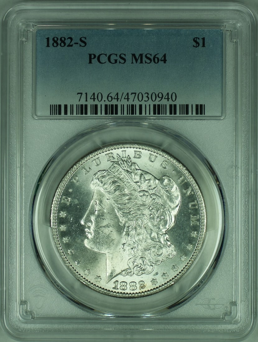 PCGS MS-64 1882-S Morgan Dollar San Francisco Mint Silver Coin: PCGS MS-64 1882-S Morgan Dollar San Francisco Mint Silver Coin This is an 1882-S Morgan Silver Dollar coin graded MS-64 by PCGS. The coin is uncirculated and was minted in San Francisco. It is compose