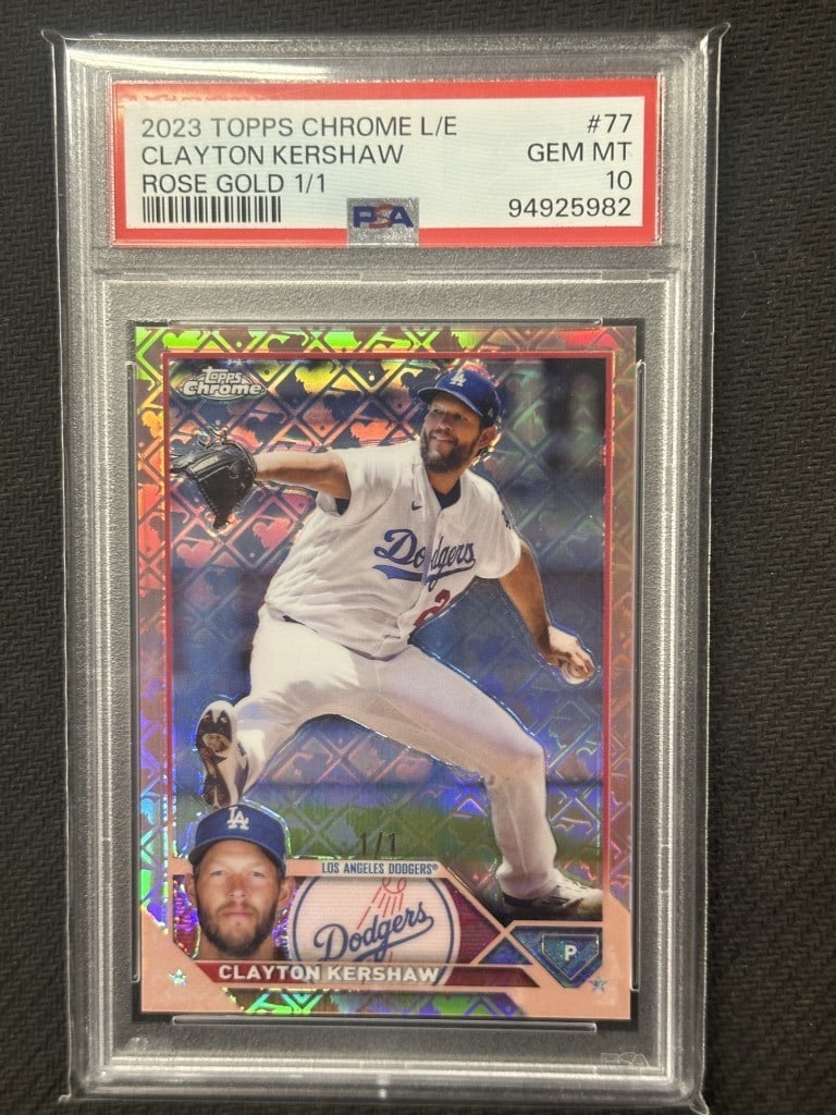 Clayton Kershaw 2023 Topps Chrome Logofractor Rose Gold PSA 10 1/1 Dodgers Card #77: Clayton Kershaw 2023 Topps Chrome Logofractor Rose Gold PSA 10 1/1 Dodgers Card #77 This is a 2023 Topps Chrome Logofractor Rose Gold baseball card featuring Clayton Kershaw, a prominent player for th