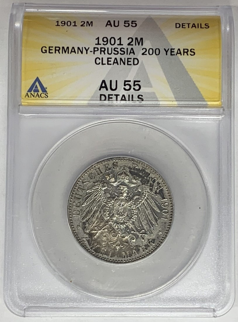 Silver 2 Mark 1901 Germany-Prussia Coin ANACS AU 55 Cleaned (1 of 2)