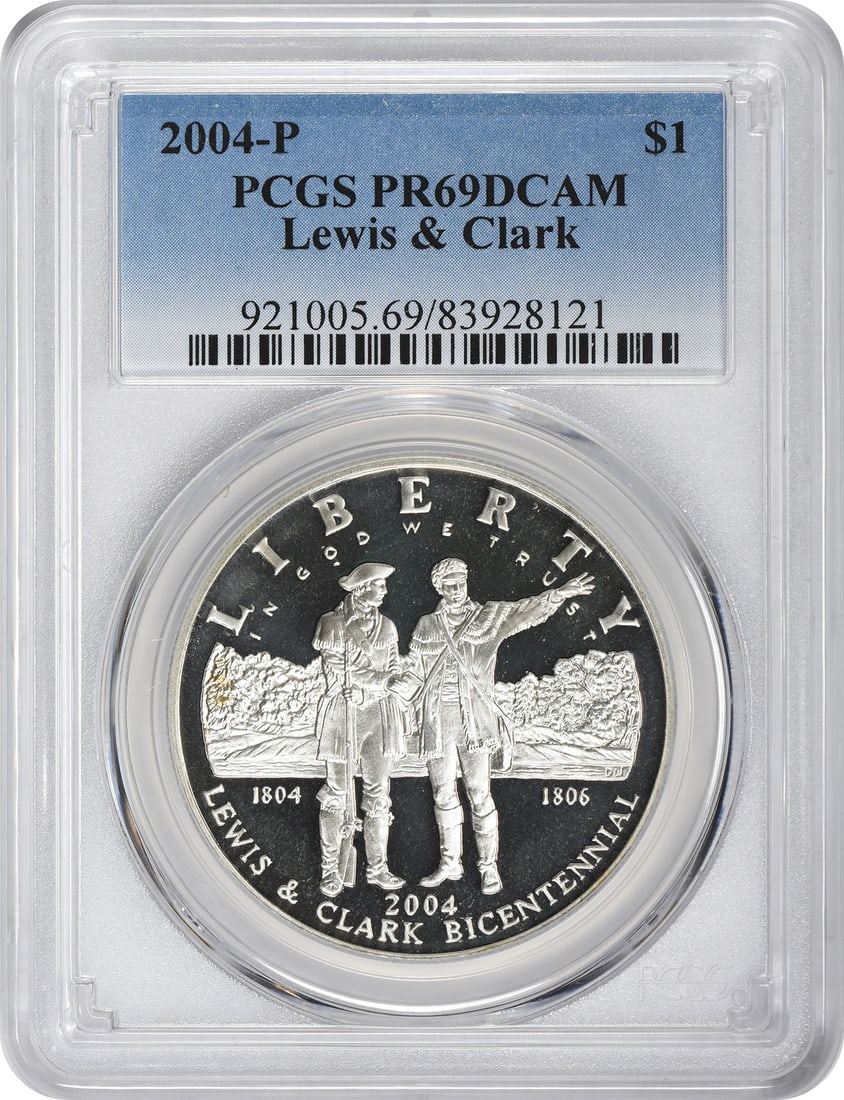 2004-P Silver Proof Dollar PCGS PR69 Lewis and Clark Commemorative Coin: 2004-P Silver Proof Dollar PCGS PR69 Lewis and Clark Commemorative Coin This 2004-P Lewis & Clark Commemorative Silver Dollar is a proof strike graded PR69 Deep Cameo by PCGS. Minted in Philadelphia,