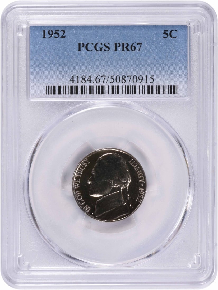 PR67 Proof 1952 Jefferson Nickel PCGS Certified Philadelphia Mint: PR67 Proof 1952 Jefferson Nickel PCGS Certified Philadelphia Mint This is a 1952 Jefferson Nickel struck at the Philadelphia Mint. Graded PR67 by PCGS, this proof coin is composed of 75% copper and 25