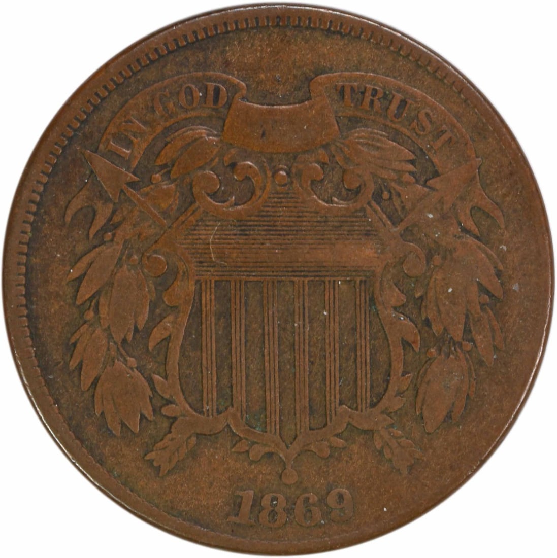 1869 Philadelphia Two Cent Piece VF Bronze Coin: 1869 Philadelphia Two Cent Piece VF Bronze Coin This 1869 Two Cent Piece is a remarkable collectible from Philadelphia, designed by James Barton Longacre. It features a circulated condition with a Ver