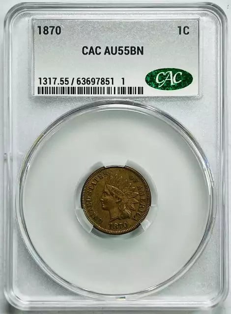 1870 Indian Head Cent CAC Certified AU 55 Brown Copper Coin (1 of 3)