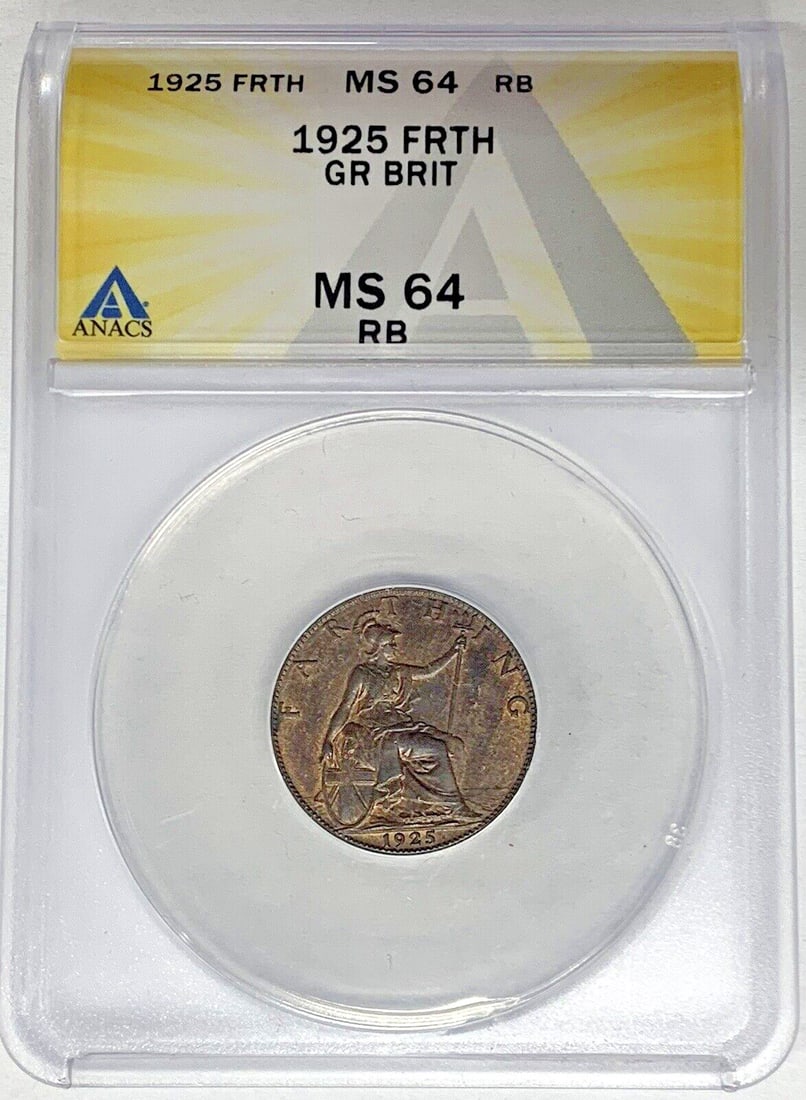 1925 United Kingdom Farthing 1/4p ANACS MS 64 RB Certified Coin: 1925 United Kingdom Farthing 1/4p ANACS MS 64 RB Certified Coin This 1925 Great Britain Farthing coin from the United Kingdom features a denomination of 1/4 penny. Graded MS 64 RB and certified by ANA