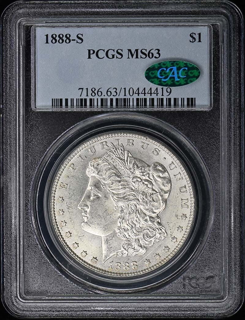1888-S Morgan Dollar PCGS MS63 CAC San Francisco Uncirculated: 1888-S Morgan Dollar PCGS MS63 CAC San Francisco Uncirculated This 1888-S Morgan Dollar is a remarkable piece that has been certified by PCGS with a grade of MS63, indicating it is in uncirculated con