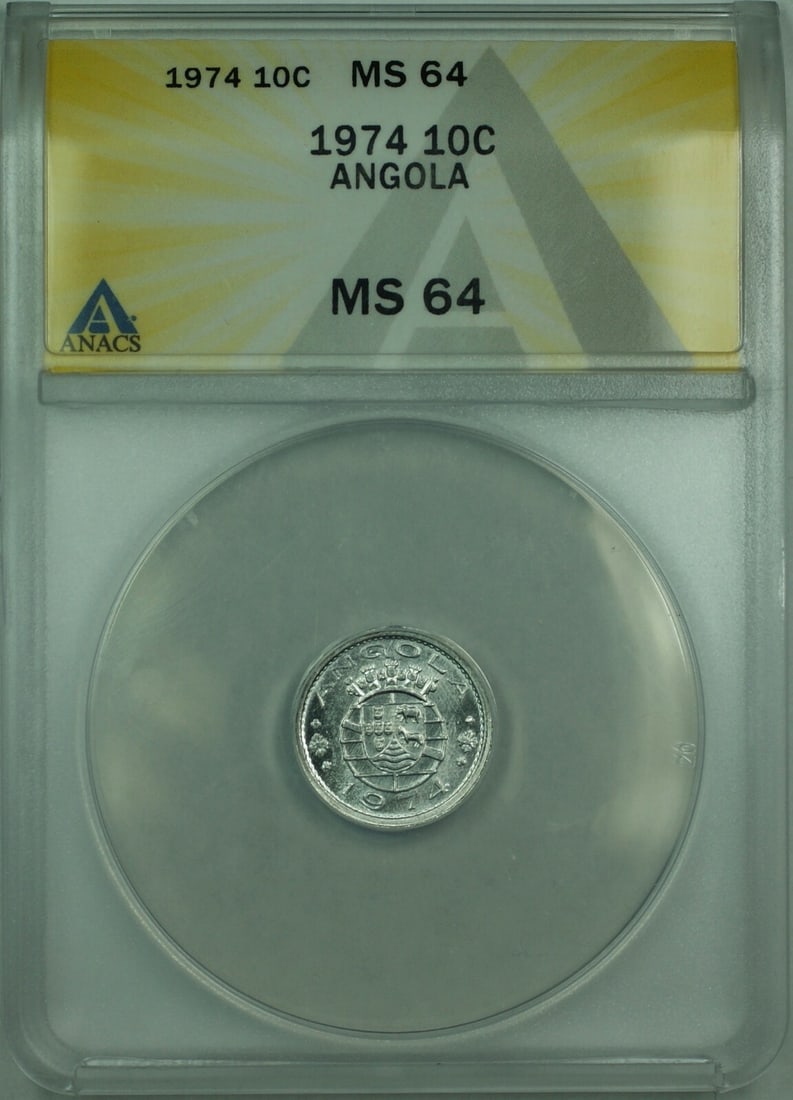 1974 Angola 10 Centavos Aluminum Coin ANACS MS 64 KM 82: 1974 Angola 10 Centavos Aluminum Coin ANACS MS 64 KM 82 This is a 1974 10 Centavos coin from Angola, certified by ANACS with a grade of MS-64. The coin is composed of aluminum and is in uncirculated c
