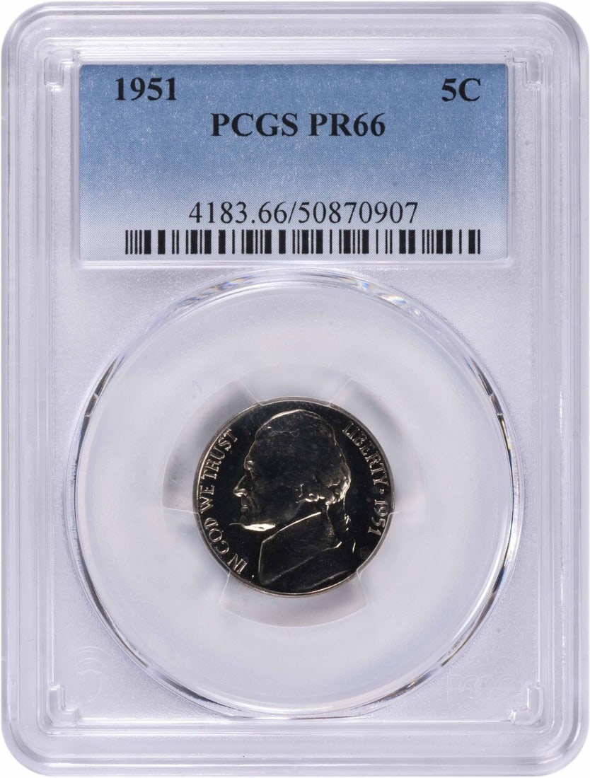 1951 Jefferson Nickel Proof PR66 PCGS Certified 5C Coin: 1951 Jefferson Nickel Proof PR66 PCGS Certified 5C Coin This 1951 Jefferson Nickel is graded PR66 by PCGS, ensuring its exceptional quality. This uncirculated proof coin features a composition of 75%