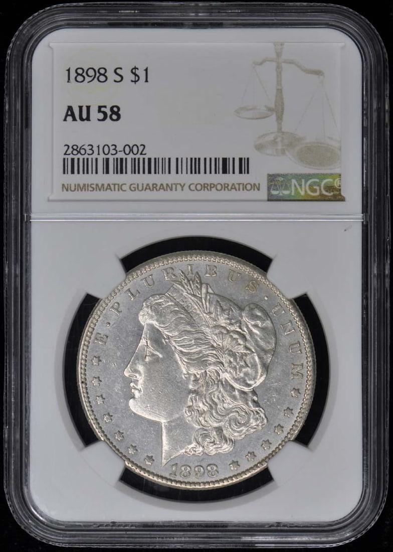 1898-S Morgan Dollar AU58 NGC Certified San Francisco Coin: 1898-S Morgan Dollar AU58 NGC Certified San Francisco Coin This 1898-S Morgan Dollar is a stunning example of American coinage, certified by NGC with a grade of AU58. This coin, minted in San Francisc