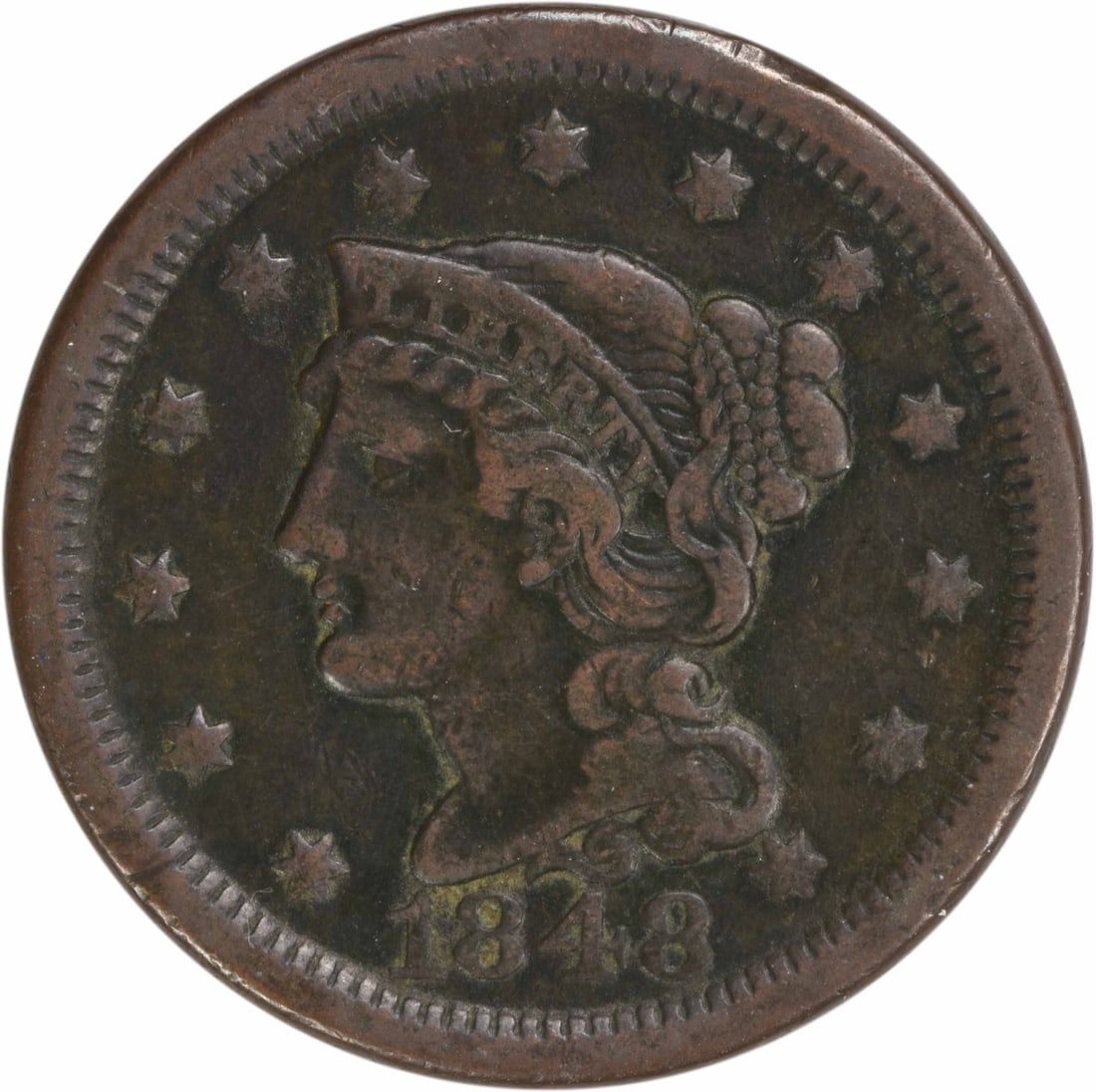 1848 Braided Hair Large Cent Copper VF Uncertified: 1848 Braided Hair Large Cent Copper VF Uncertified This 1848 Large Cent, featuring the Braided Hair design by Christian Gobrecht, is a notable collectible coin. It is a circulated piece in Very Fine (