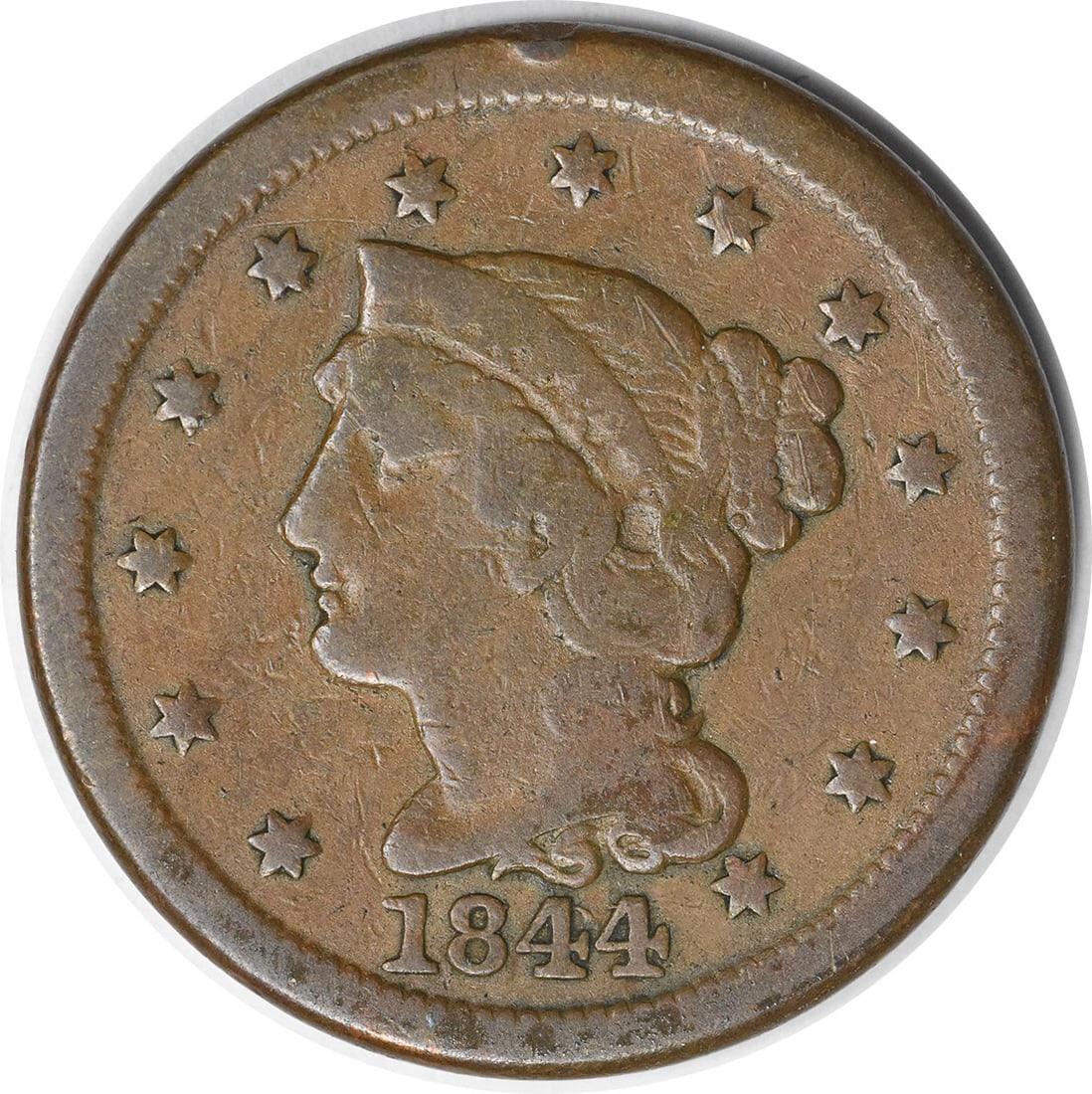 1844 Large Cent Braided Hair Copper Coin VG Uncertified by Christian Gobrecht (1 of 2)